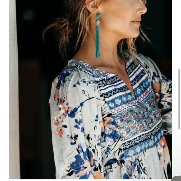 Umgee Sage V-Neck Floral Peasant Dress Women’s SM- gorgeous Boho BEAUTY Size M - Picture 5 of 11